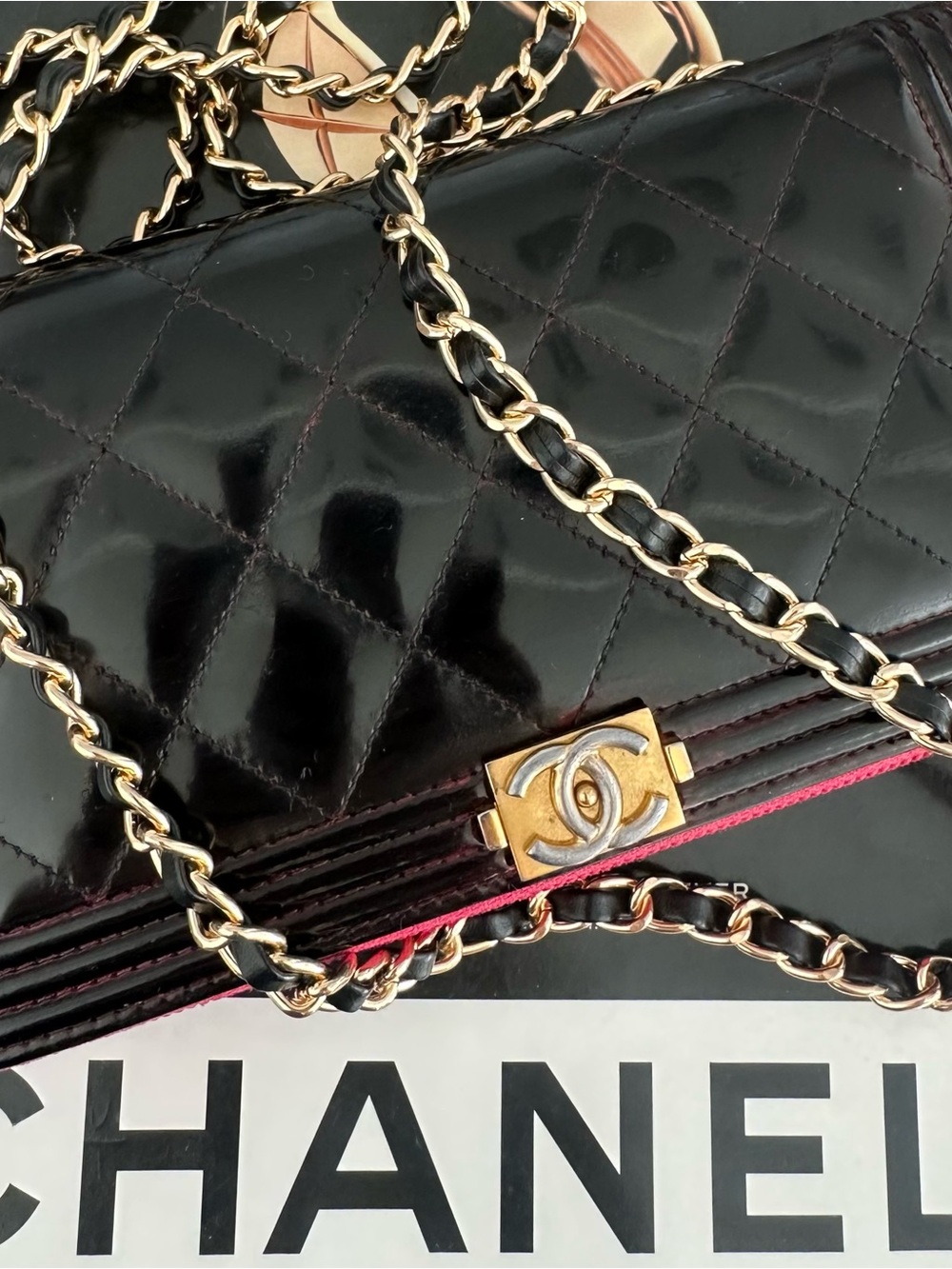 Authentic Chanel  Boy Quilted Patent Leather Wallet with chain . CUSTOMIZED